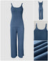 2 Pieces Outfit U-Neck Spaghetti Strap Cami Top and Elastic Waist Wide Leg Pants Set Casual Ribbed Set blue