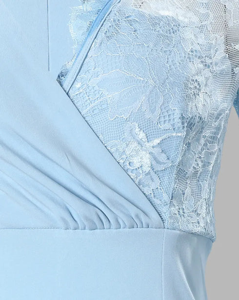 Overlap V-Neck Lace Patchwork Long Sleeve Party Dress Zipper Back Slim Fit Midi Dress blue