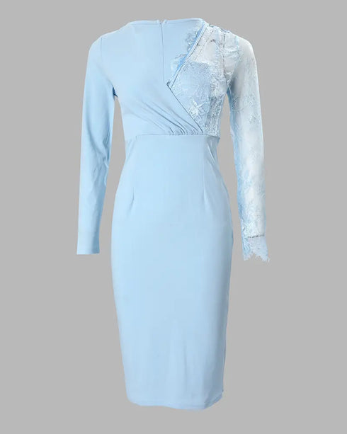 Overlap V-Neck Lace Patchwork Long Sleeve Party Dress Zipper Back Slim Fit Midi Dress blue