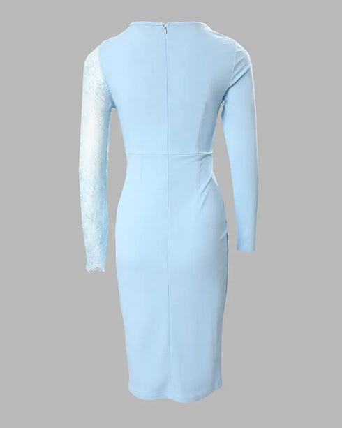 Overlap V-Neck Lace Patchwork Long Sleeve Party Dress Zipper Back Slim Fit Midi Dress blue