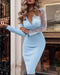 Overlap V-Neck Lace Patchwork Long Sleeve Party Dress Zipper Back Slim Fit Midi Dress blue