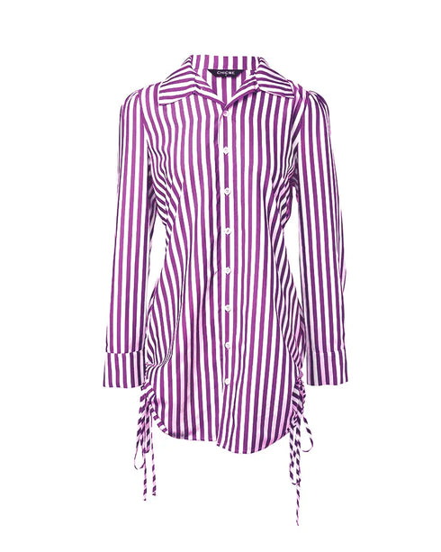 Plaid Pattern Side Drawstring Buttoned Shirt Dress purple