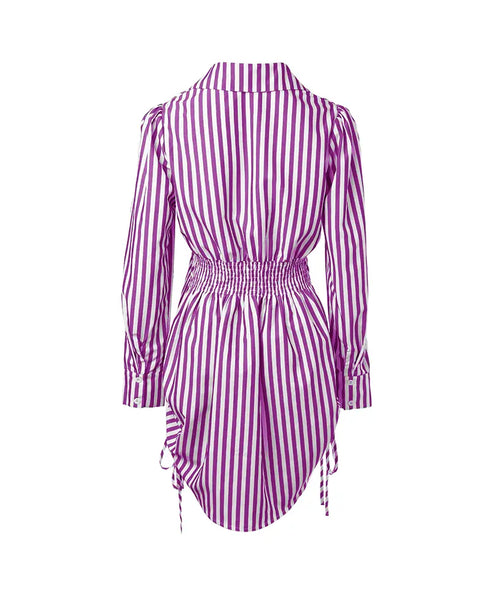 Plaid Pattern Side Drawstring Buttoned Shirt Dress purple