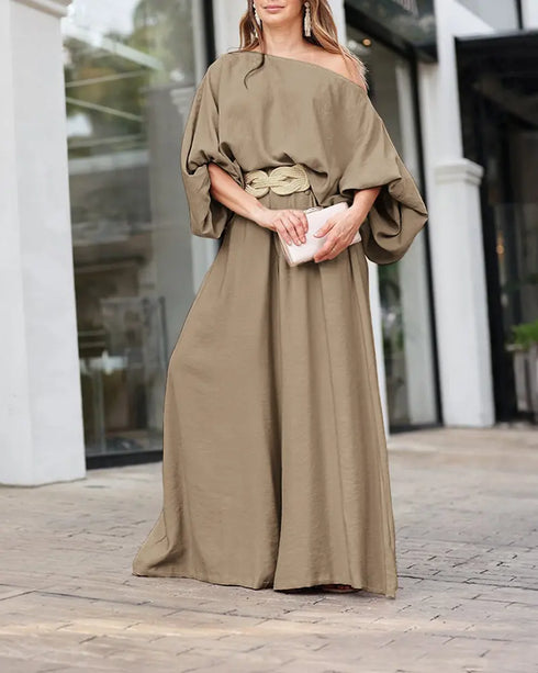 Skew Neck Lantern Sleeve Loose Top & Zipper Fly Wide Leg Pants Set without Belt Dark Brown