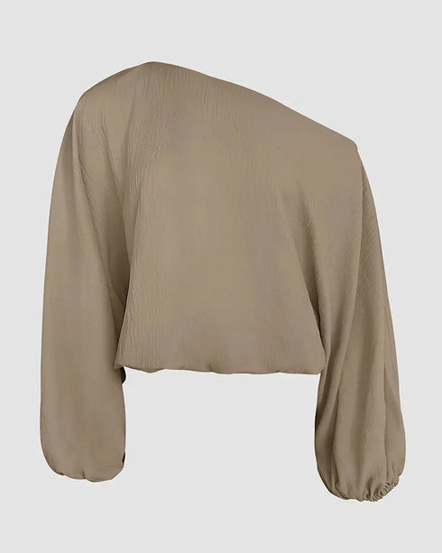 Skew Neck Lantern Sleeve Loose Top & Zipper Fly Wide Leg Pants Set without Belt Dark Brown