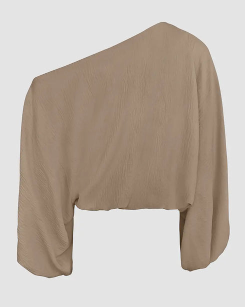 Skew Neck Lantern Sleeve Loose Top & Zipper Fly Wide Leg Pants Set without Belt Dark Brown