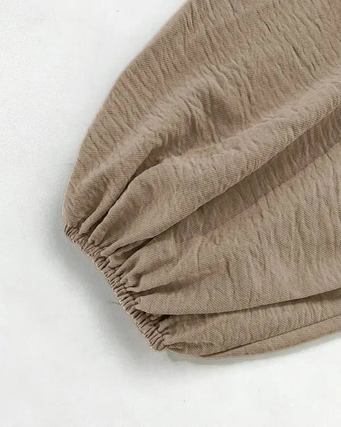 Skew Neck Lantern Sleeve Loose Top & Zipper Fly Wide Leg Pants Set without Belt Dark Brown