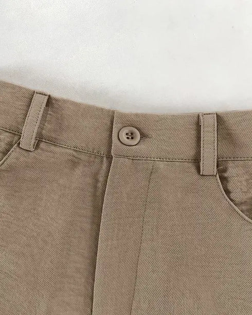 Skew Neck Lantern Sleeve Loose Top & Zipper Fly Wide Leg Pants Set without Belt Dark Brown