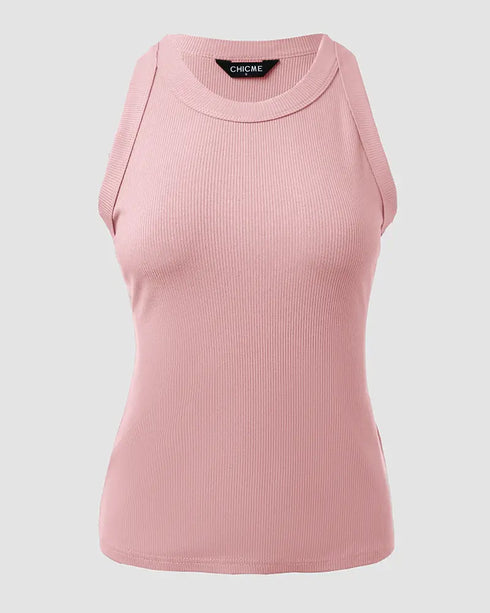 O-Neck Sleeveless Basic Slim Fit Skinny Tank Casual Top(Without Pads) pink