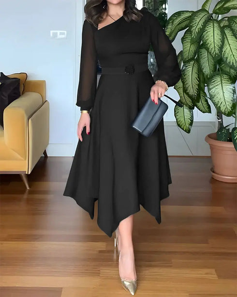 One Shoulder Long Sleeve Casual Beaded Mid-Cald Dress black