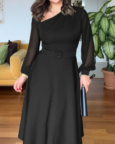 One Shoulder Long Sleeve Casual Beaded Mid-Cald Dress black