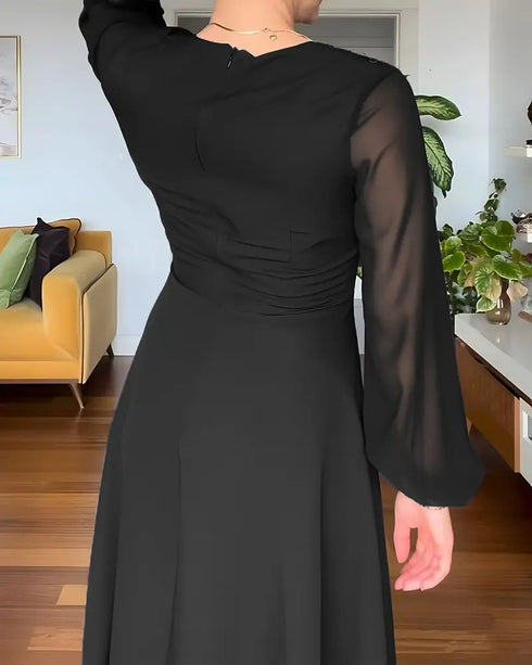 One Shoulder Long Sleeve Casual Beaded Mid-Cald Dress black