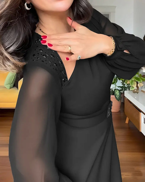 One Shoulder Long Sleeve Casual Beaded Mid-Cald Dress black