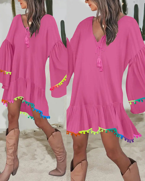 Colorblock V-Neck Bell Sleeve A Line Tassel Mini Dress Vacation Dress hot pink