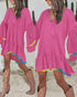Colorblock V-Neck Bell Sleeve A Line Tassel Mini Dress Vacation Dress hot pink