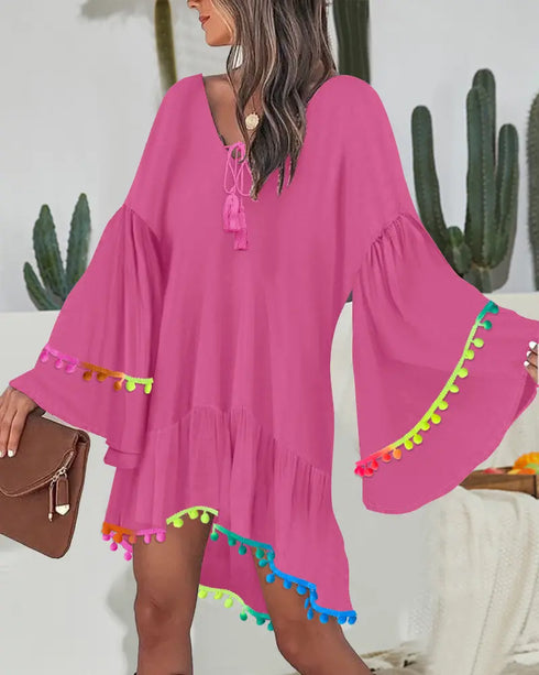 Colorblock V-Neck Bell Sleeve A Line Tassel Mini Dress Vacation Dress hot pink