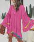 Colorblock V-Neck Bell Sleeve A Line Tassel Mini Dress Vacation Dress hot pink