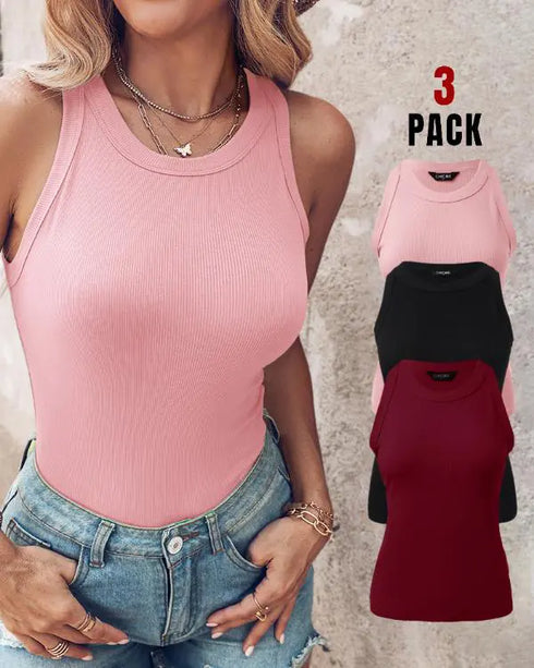 3-Pack Knit Round Neck Thick Strap Racerback Tank Tops(Without Pads) style15