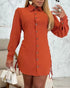 Button Down Shirt Dress Roll Tab Sleeve Side Drawstring Mini Dresses orange