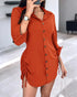 Plaid Pattern Side Drawstring Buttoned Shirt Dress orange