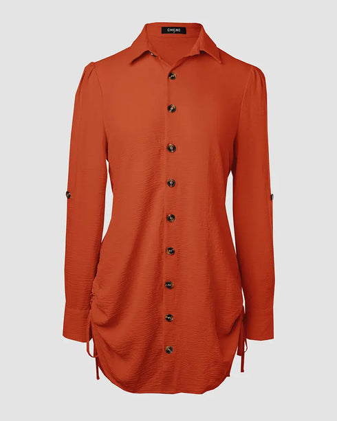 Button Down Shirt Dress Roll Tab Sleeve Side Drawstring Mini Dresses orange