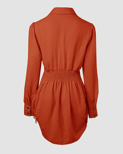 Button Down Shirt Dress Roll Tab Sleeve Side Drawstring Mini Dresses orange