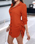 Plaid Pattern Side Drawstring Buttoned Shirt Dress orange