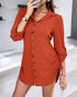 Plaid Pattern Side Drawstring Buttoned Shirt Dress orange