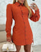 Plaid Pattern Side Drawstring Buttoned Shirt Dress orange