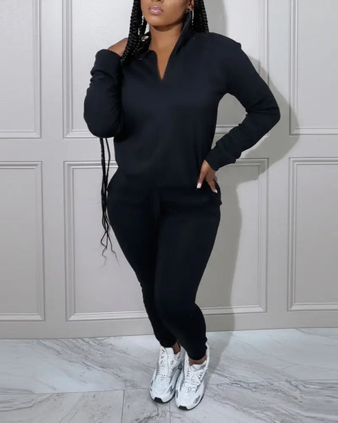 2 Pieces Outfit High Neck Half Zip Drop Shoulder Top and Drawstring Elastic Waist Slim Fit Jogger Pants Set Casual Tracksuit black