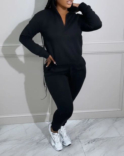 2 Pieces Outfit High Neck Half Zip Drop Shoulder Top and Drawstring Elastic Waist Slim Fit Jogger Pants Set Casual Tracksuit black