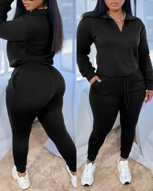2 Pieces Outfit High Neck Half Zip Drop Shoulder Top and Drawstring Elastic Waist Slim Fit Jogger Pants Set Casual Tracksuit black