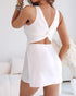 French Style Square Neck Backless Zipper Back Overalls Twist Back Ruched Slim Fit Slit Faux Two-Piece Skort Romper white