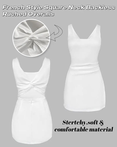 French Style Square Neck Backless Zipper Back Overalls Twist Back Ruched Slim Fit Slit Faux Two-Piece Skort Romper white