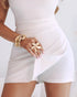 French Style Square Neck Backless Zipper Back Overalls Twist Back Ruched Slim Fit Slit Faux Two-Piece Skort Romper white
