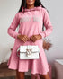 Letter Pattern Long Sleeve Ruffle Hem Dress Pocket Design Casual Hoodie Dress pink