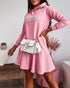 Letter Pattern Long Sleeve Ruffle Hem Dress Pocket Design Casual Hoodie Dress pink