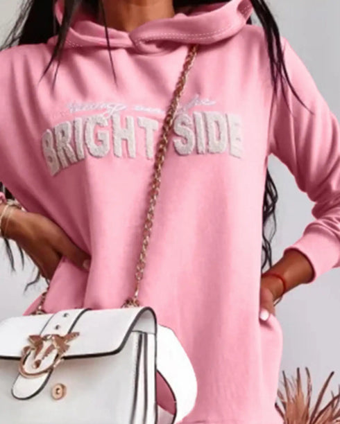 Letter Pattern Long Sleeve Ruffle Hem Dress Pocket Design Casual Hoodie Dress pink