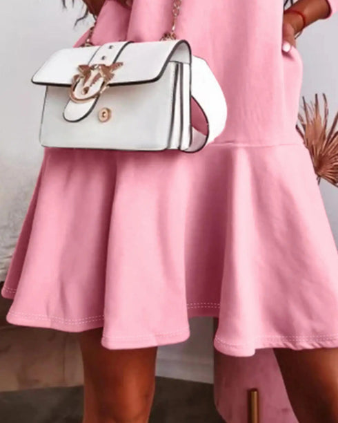 Letter Pattern Long Sleeve Ruffle Hem Dress Pocket Design Casual Hoodie Dress pink