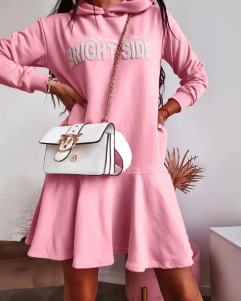 Letter Pattern Long Sleeve Ruffle Hem Dress Pocket Design Casual Hoodie Dress pink