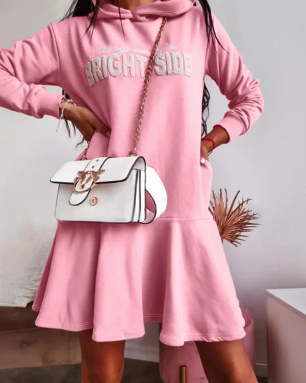 Letter Pattern Long Sleeve Ruffle Hem Dress Pocket Design Casual Hoodie Dress pink