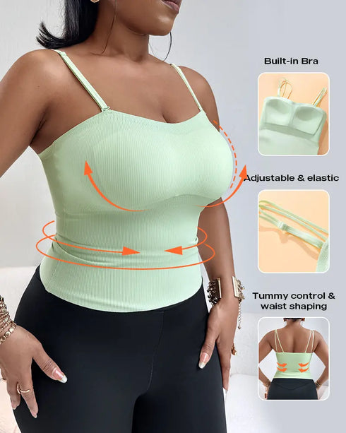 Multi Adjustable Spaghetti Straps Built in Bra Cami Top Sexy Ribbed Slim Fit Workout Camisole Top light green