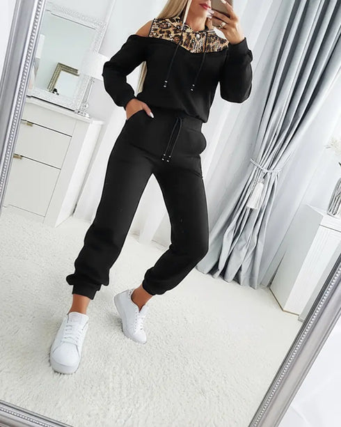 2 Pieces Outfit Sequin Decor Leopard Print Spliced Cold Shoulder Long Sleeve Drawstring Hoodie Sweatshirt and Casual Drawstring Elastic Waist Jogger Sweatpants Set black