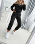 2 Pieces Outfit Sequin Decor Leopard Print Spliced Cold Shoulder Long Sleeve Drawstring Hoodie Sweatshirt and Casual Drawstring Elastic Waist Jogger Sweatpants Set black