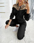2 Pieces Outfit Sequin Decor Leopard Print Spliced Cold Shoulder Long Sleeve Drawstring Hoodie Sweatshirt and Casual Drawstring Elastic Waist Jogger Sweatpants Set black