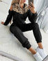 2 Pieces Outfit Sequin Decor Leopard Print Spliced Cold Shoulder Long Sleeve Drawstring Hoodie Sweatshirt and Casual Drawstring Elastic Waist Jogger Sweatpants Set black