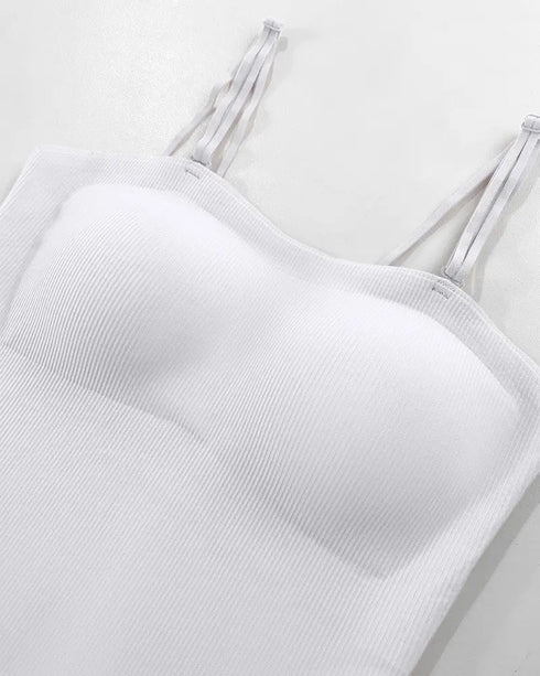 Multi Adjustable Spaghetti Straps Built in Bra Cami Top Sexy Ribbed Slim Fit Workout Camisole Top white