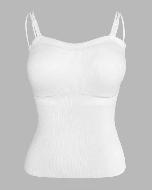 Multi Adjustable Spaghetti Straps Built in Bra Cami Top Sexy Ribbed Slim Fit Workout Camisole Top white