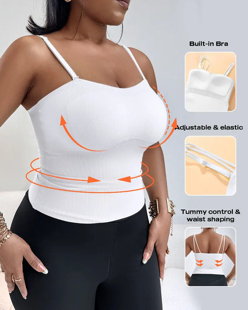 Multi Adjustable Spaghetti Straps Built in Bra Cami Top Sexy Ribbed Slim Fit Workout Camisole Top white