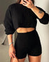 2 Piece Crewneck Long Sleeve Cable Knit Crop Sweater High Waist Shorts Tracksuits Outfits black